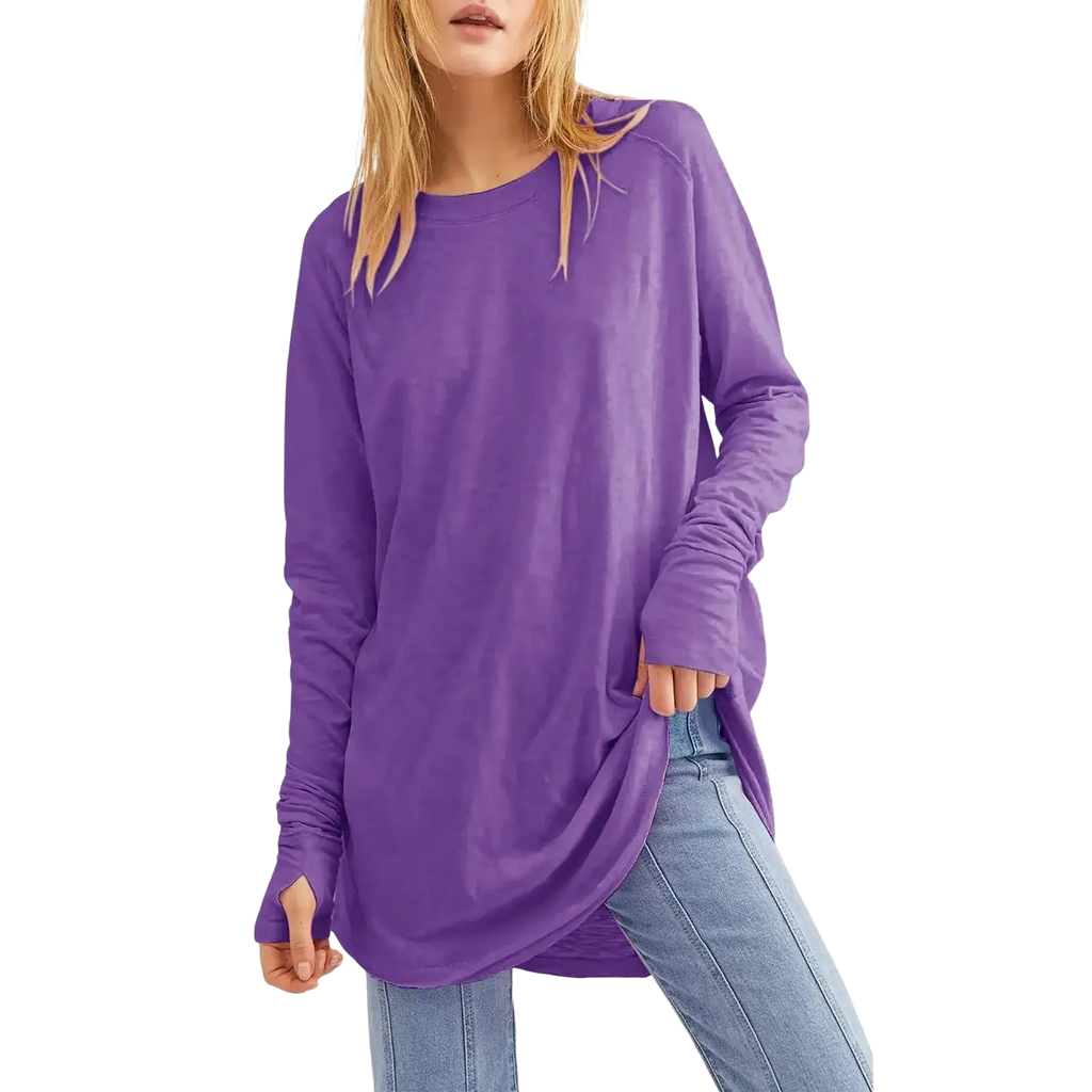 Women long sleeve cotton tunic top in solid purple with round neck and ruched cuffs featuring relaxed fit