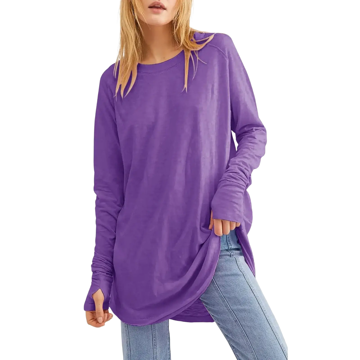 Women long sleeve cotton tunic top in solid purple with round neck and ruched cuffs featuring relaxed fit