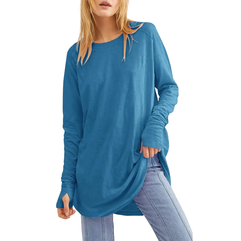 Women long sleeve cotton tunic top in soft teal blue with relaxed fit and ruched cuffs featuring long sleeve design