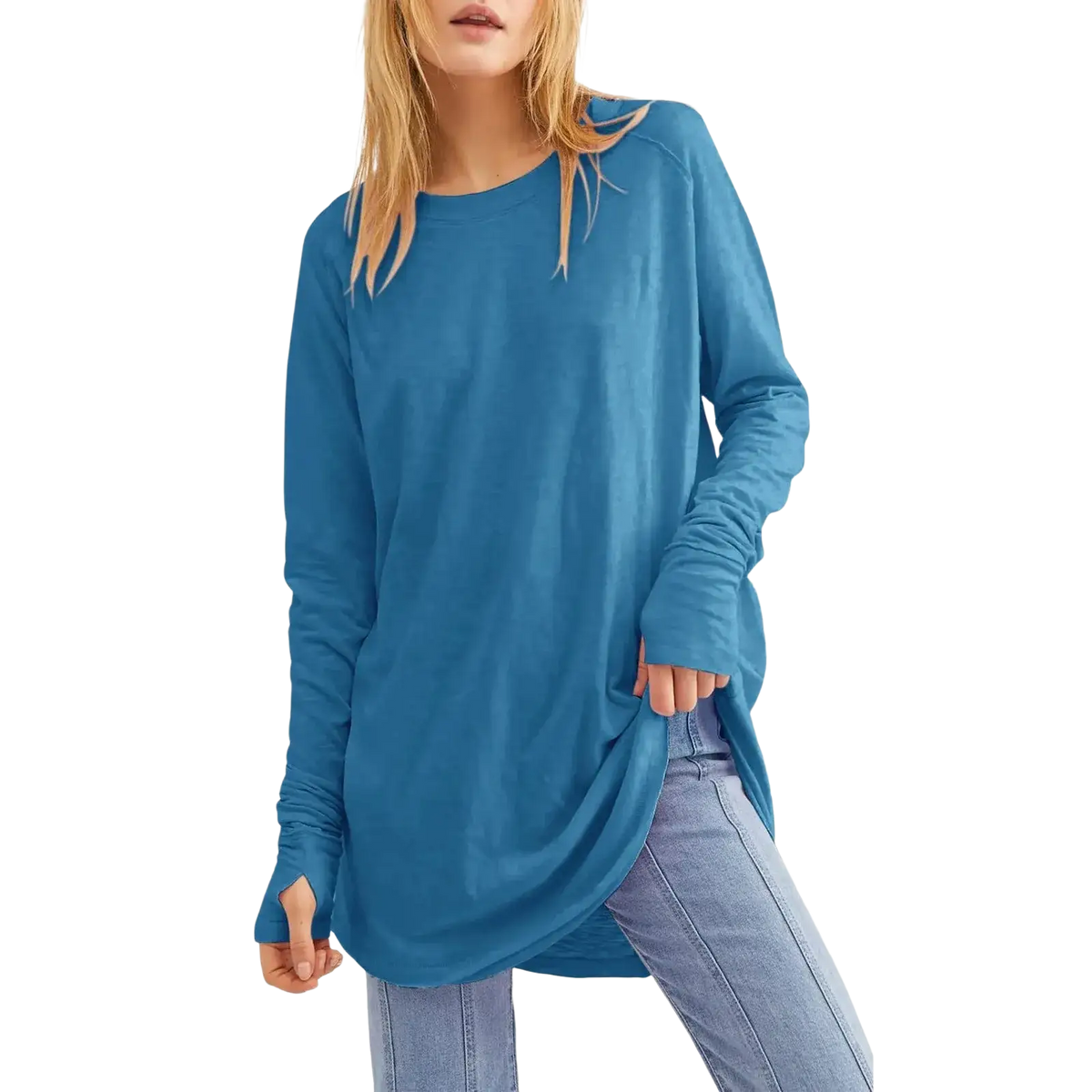 Women long sleeve cotton tunic top in soft teal blue with relaxed fit and ruched cuffs featuring long sleeve design