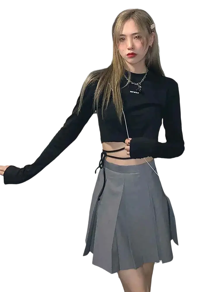 Black long sleeve crisscross crop top with tied side details made of soft fabric for women