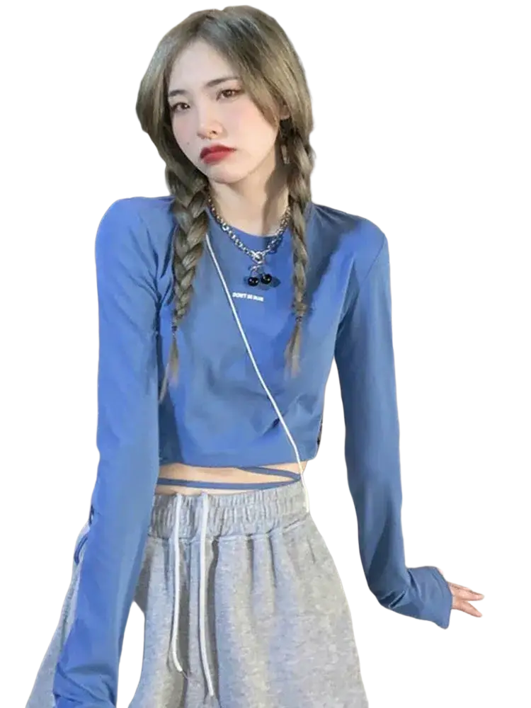 Women long sleeve crisscross crop top in blue with subtle white logo on chest perfect for casual wear