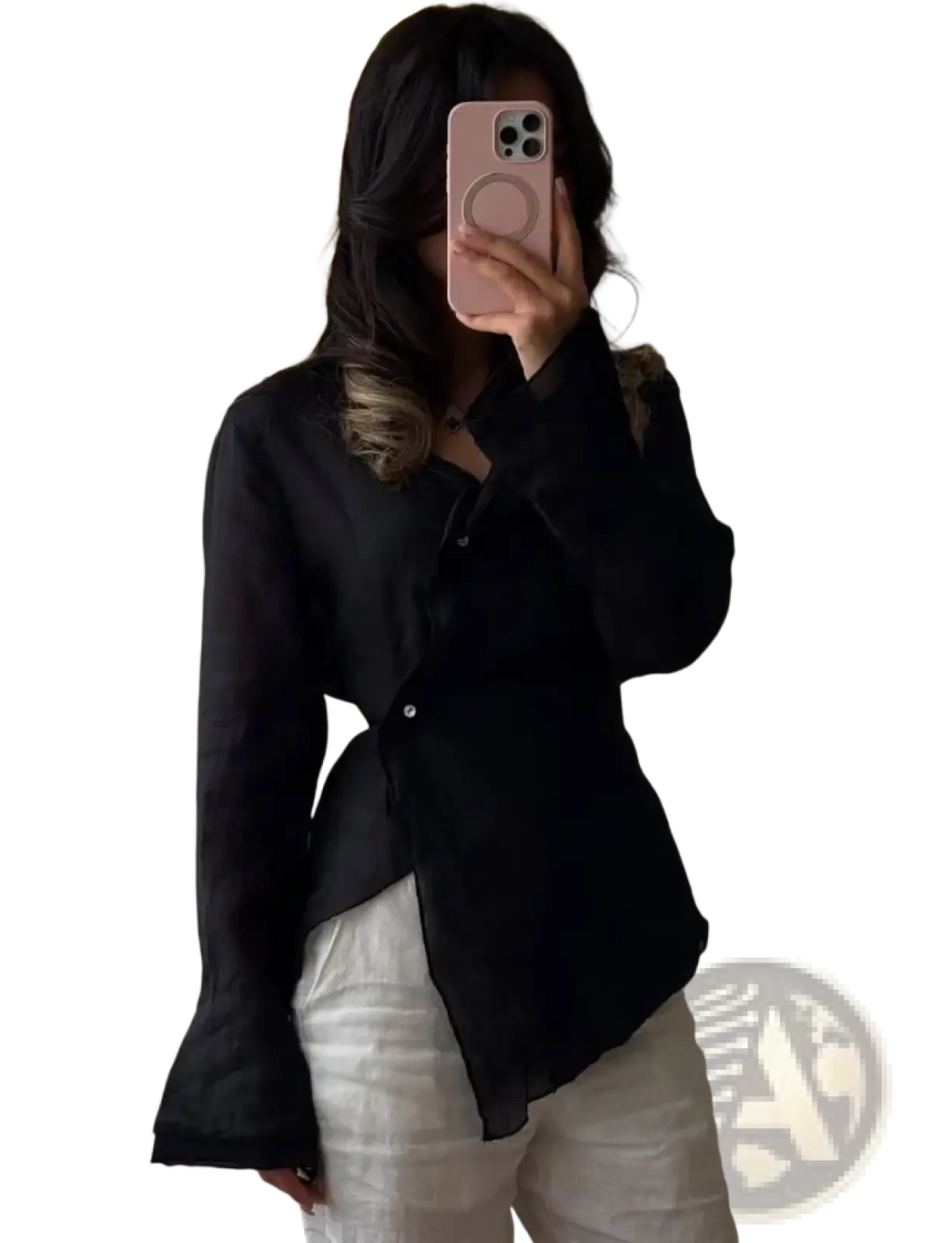 Black long-sleeved elegant office blouse with subtle texture and flared hem for women