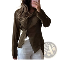 Women long sleeve elegant office blouse in olive green with twisted front detail and asymmetrical hem