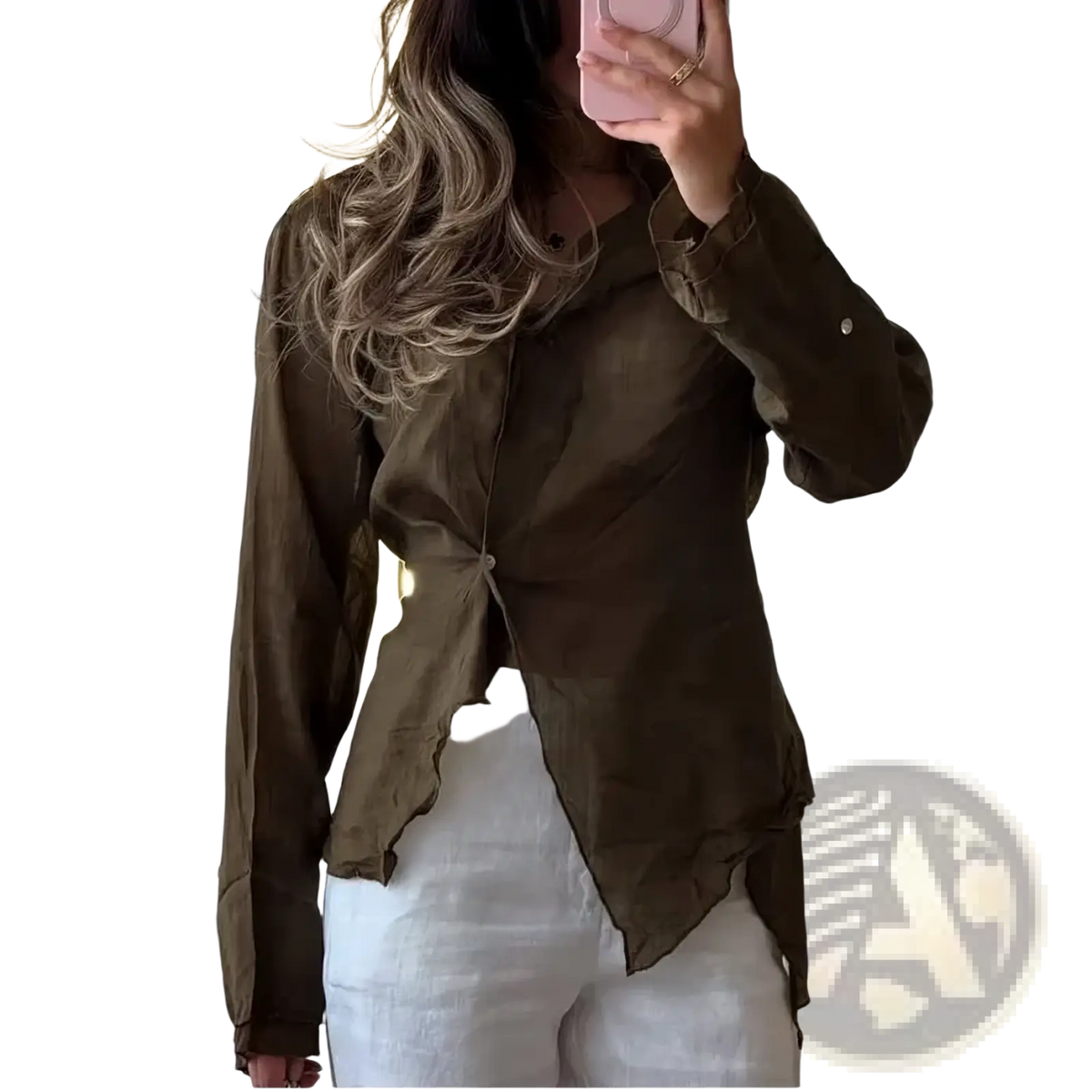 Women long sleeve elegant office blouse in olive green with twisted front detail and asymmetrical hem