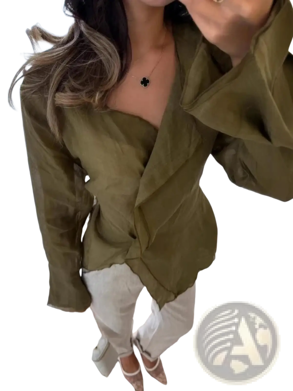 Women long sleeve elegant office blouse in olive green satin with ruffled sleeves and a draped front design