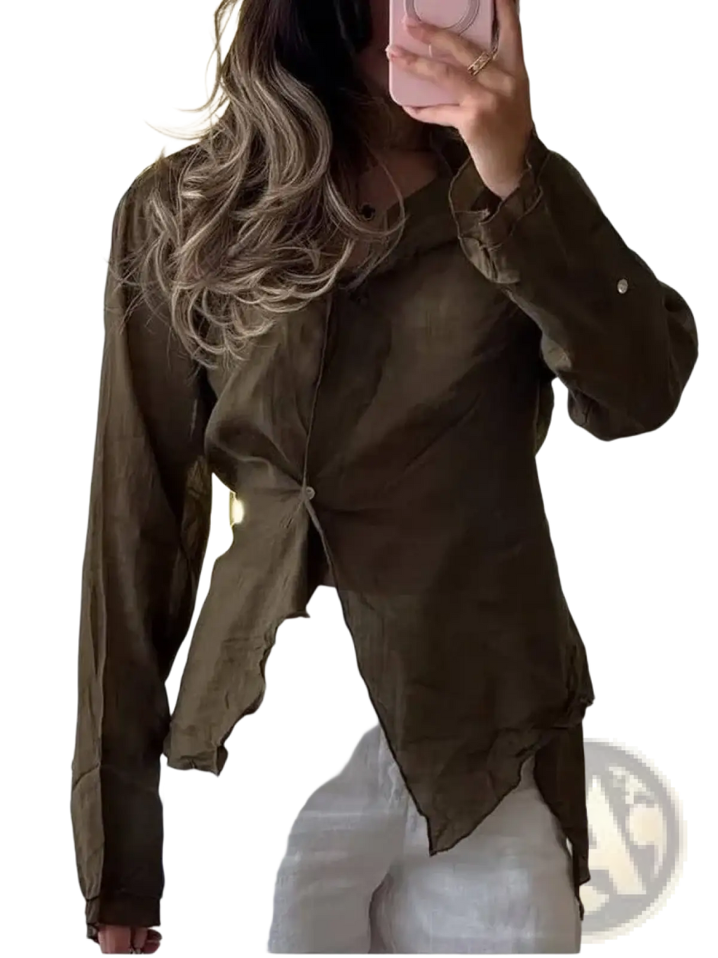 Olive green long sleeve elegant office blouse with twisted front detail and asymmetrical hem for women