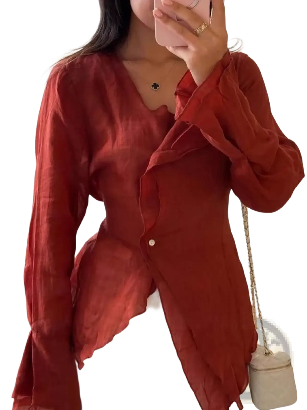Women long sleeve elegant office blouse in rust color with v-neckline and ruffled detailing for formal wear