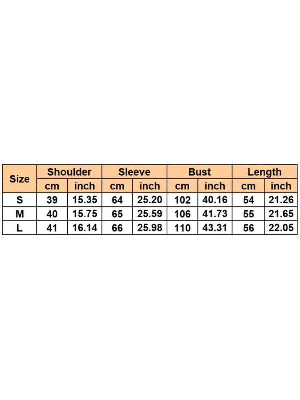 Size chart for women long sleeve elegant office blouse showing measurements in centimeters and inches for sizes s m and l