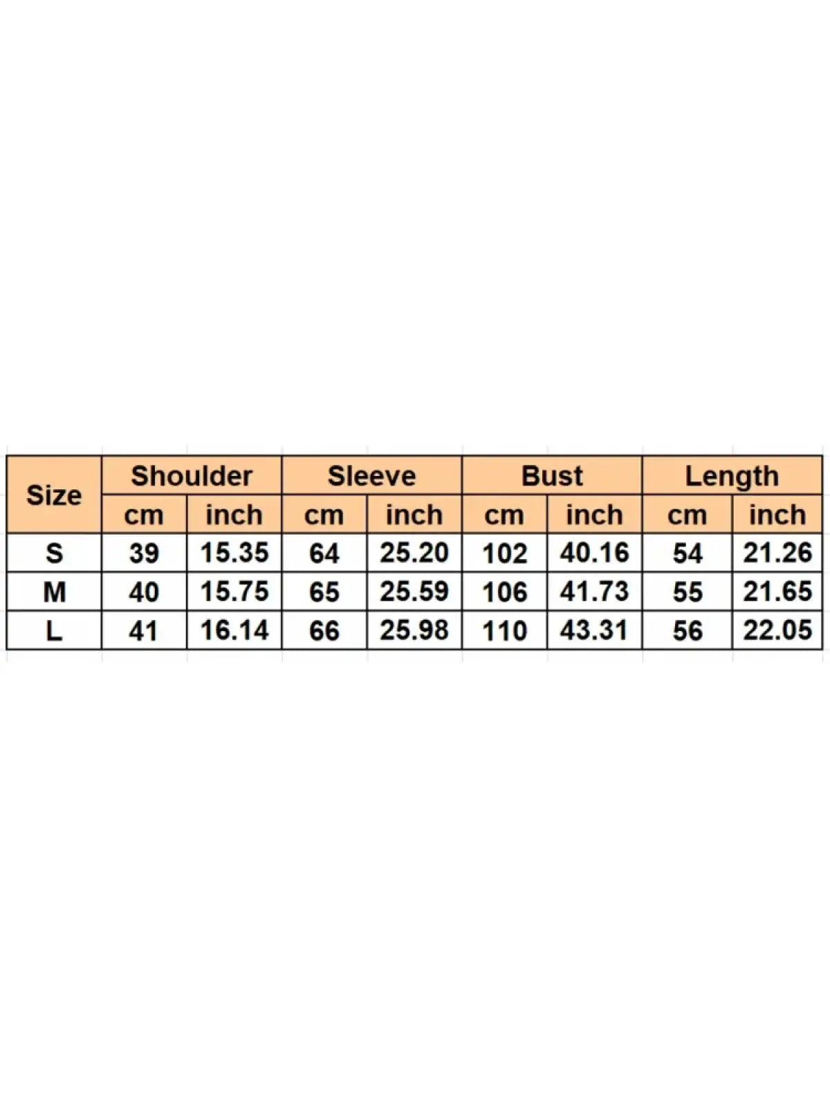 Size chart for women long sleeve elegant office blouse showing measurements in centimeters and inches for sizes s m and l