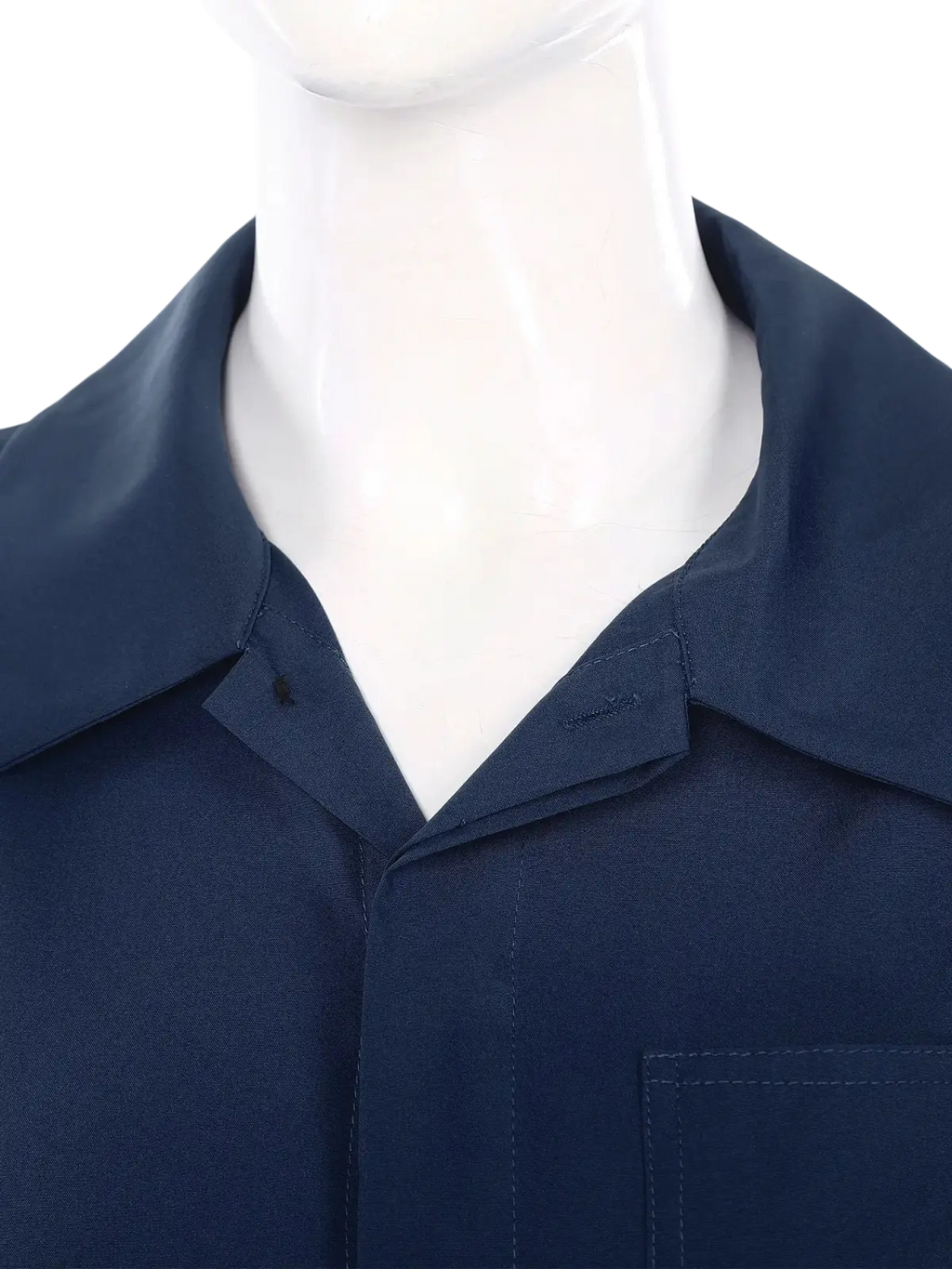 Dark navy blue women long sleeve utility jumpsuit with structured collar and visible stitching for workwear use