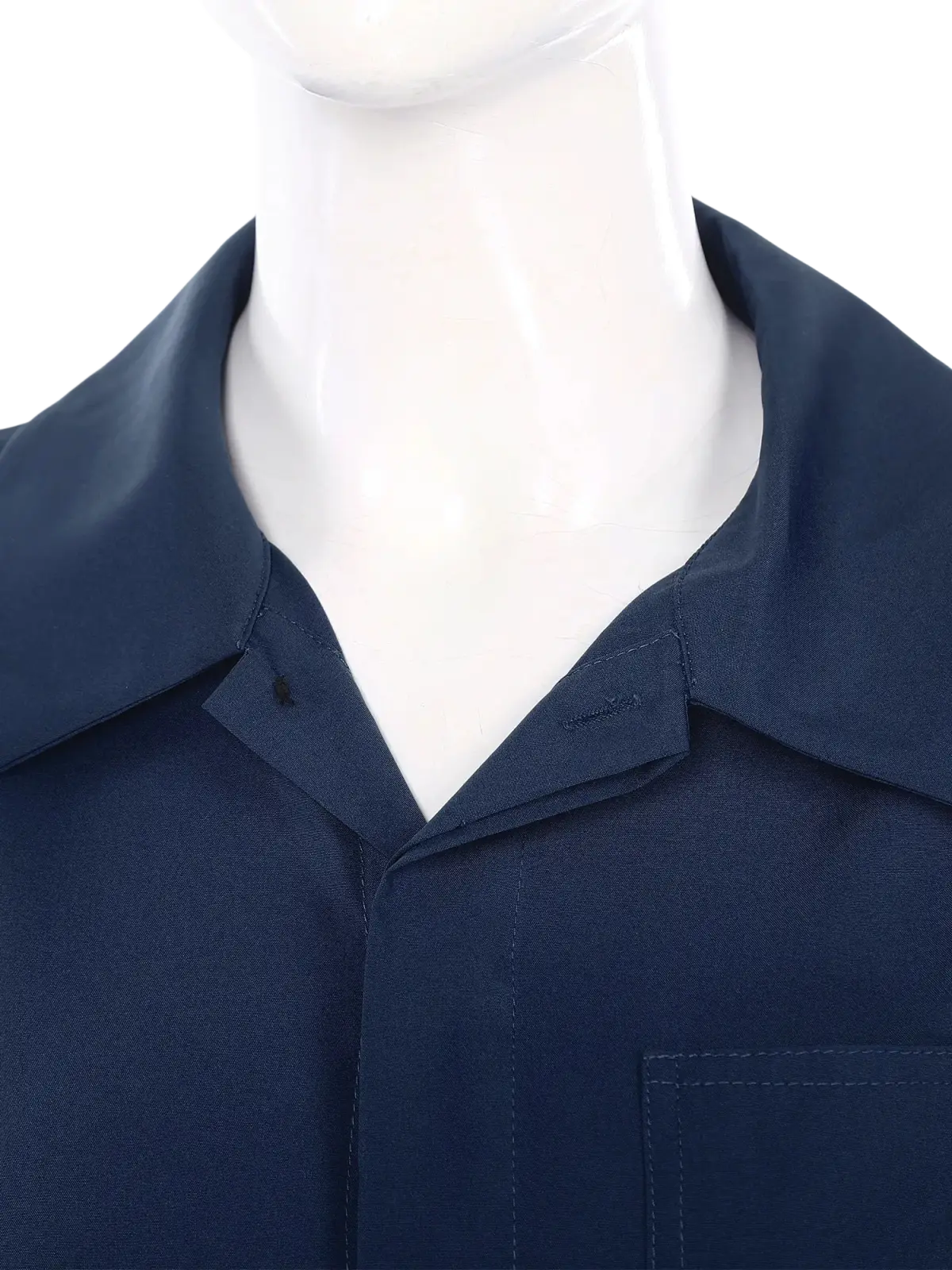 Dark navy blue women long sleeve utility jumpsuit with structured collar and visible stitching for workwear use