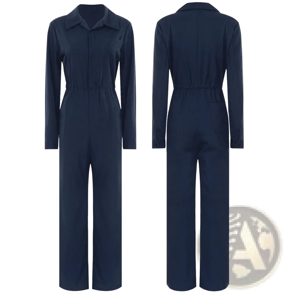 Women long sleeve utility jumpsuit in navy blue with collar and drawstring waist for functional style