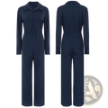 Women long sleeve utility jumpsuit in navy blue with collar and drawstring waist for functional style