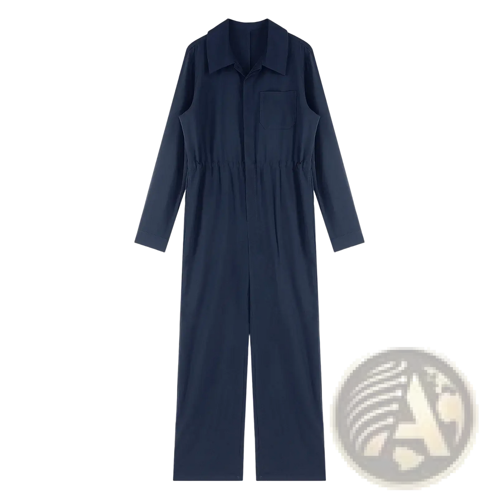 Navy blue women long sleeve utility jumpsuit with collar and front pocket made from durable fabric for versatile wear