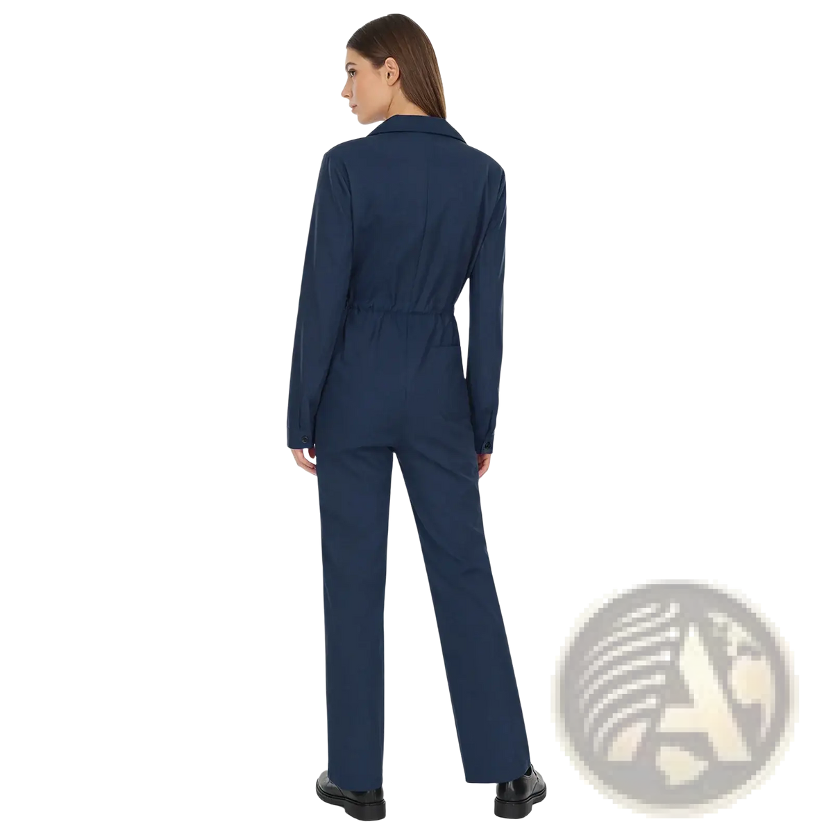 Navy blue long sleeve utility jumpsuit with collar and drawstring waist for women in durable fabric