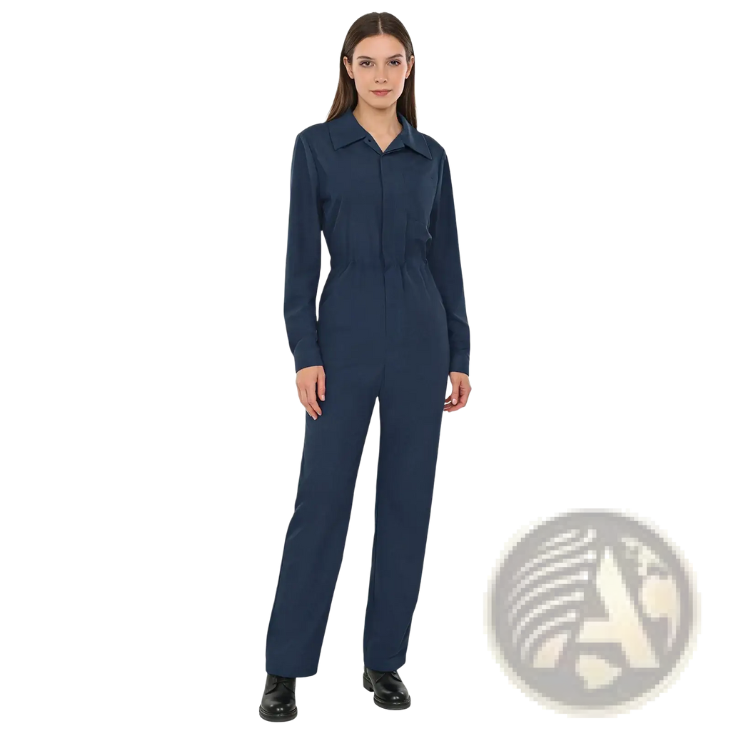 Navy blue long sleeve utility jumpsuit for women featuring a collar and front zipper in durable fabric