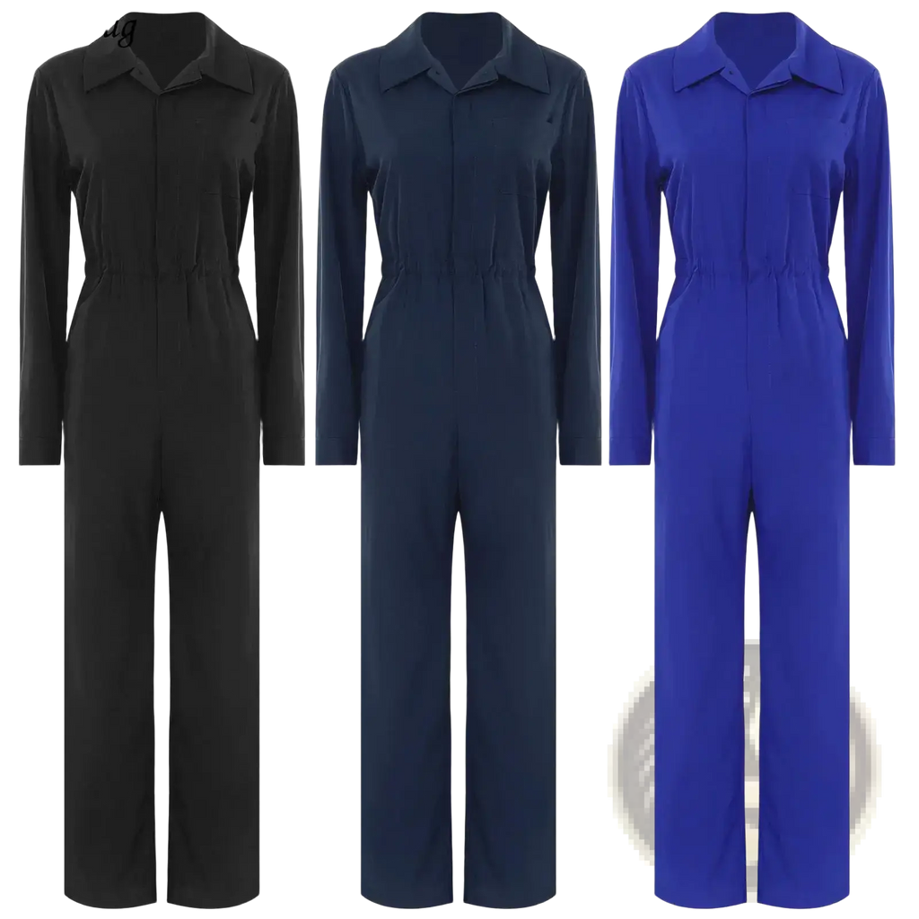 Three tiaobug women long sleeve utility jumpsuits in black navy blue and royal blue displayed front side