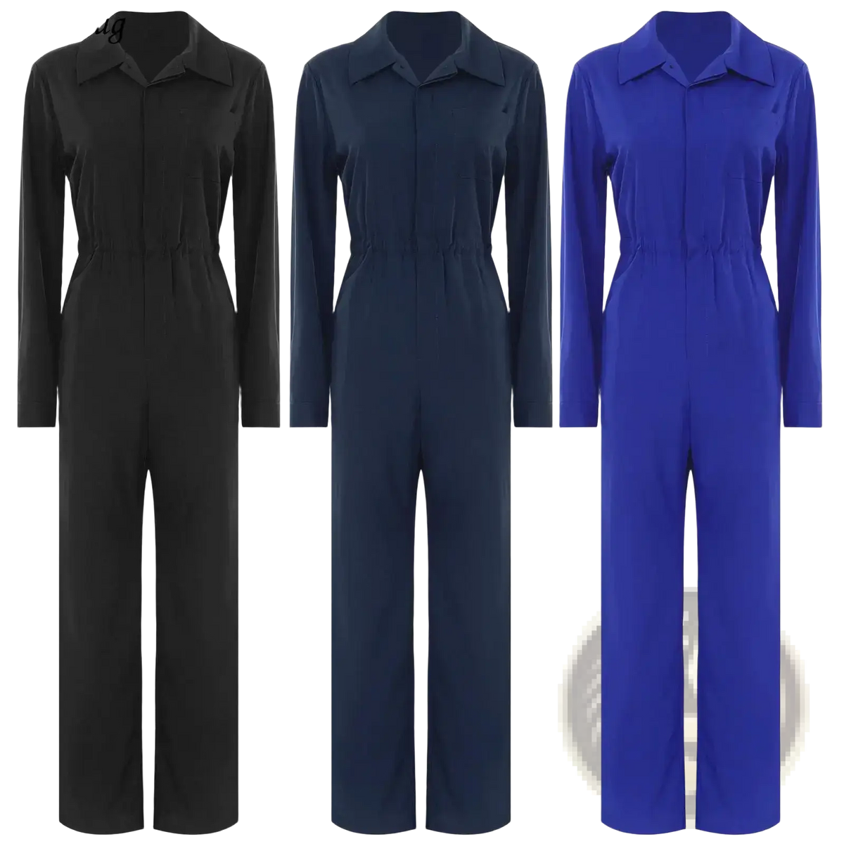 Three tiaobug women long sleeve utility jumpsuits in black navy blue and royal blue displayed front side