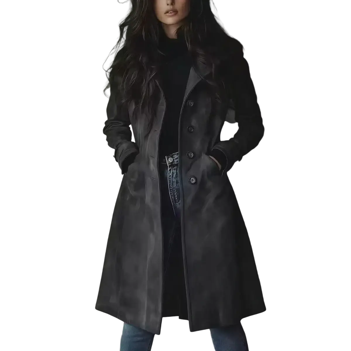 Black leather women long trench coat with classic double-breasted design and buttoned cuffs casual outerwear