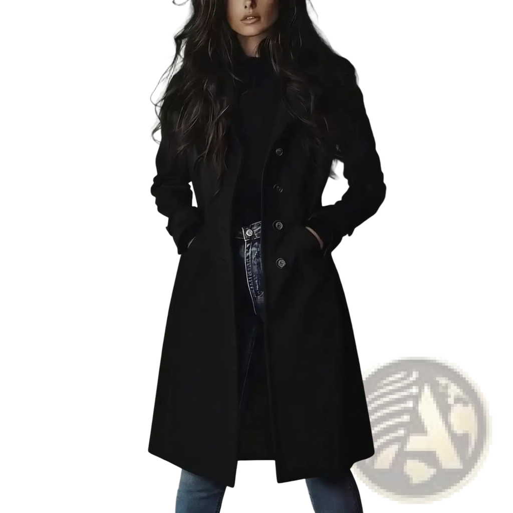Women long black wool trench coat with silver buttons and classic double-breasted design for casual outerwear