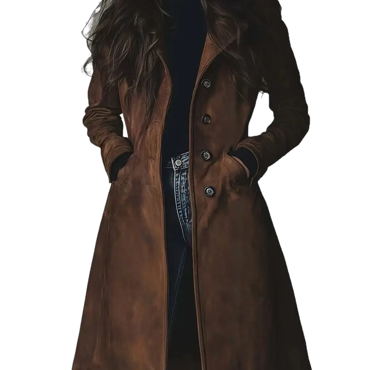 Women long trench coat casual outerwear in brown suede with dark brown buttons and classic double-breasted design