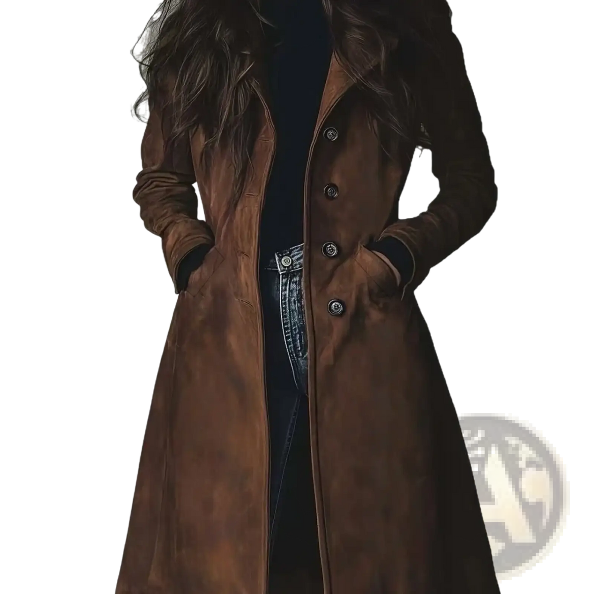 Women long trench coat casual outerwear in brown suede with dark brown buttons and classic double-breasted design
