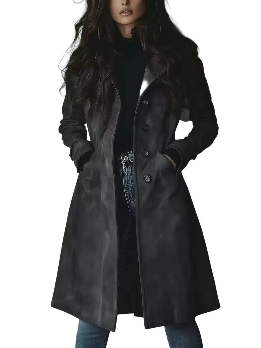 Women long trench coat dark gray suede with classic double-breasted design and black buttons for casual outerwear