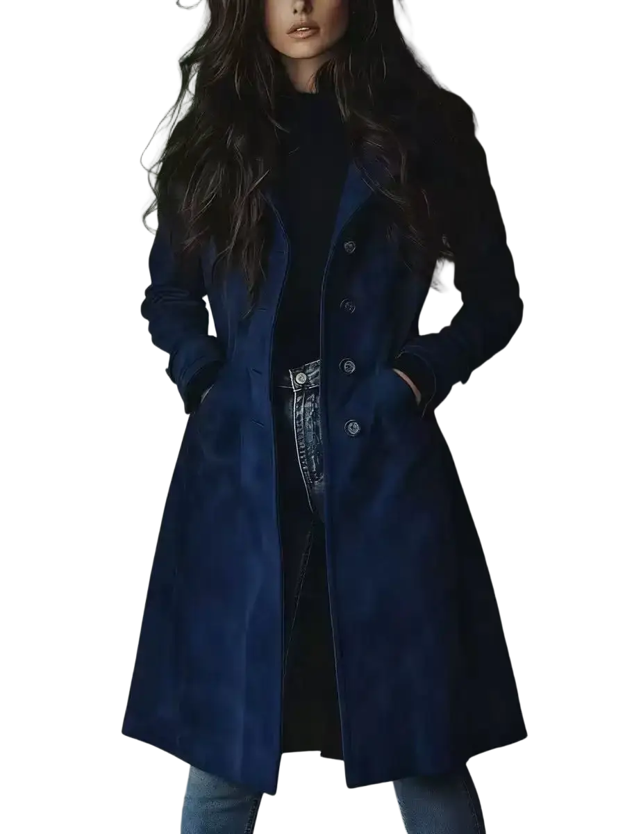 Women long trench coat casual outerwear in deep navy blue with a classic double-breasted design and matte finish