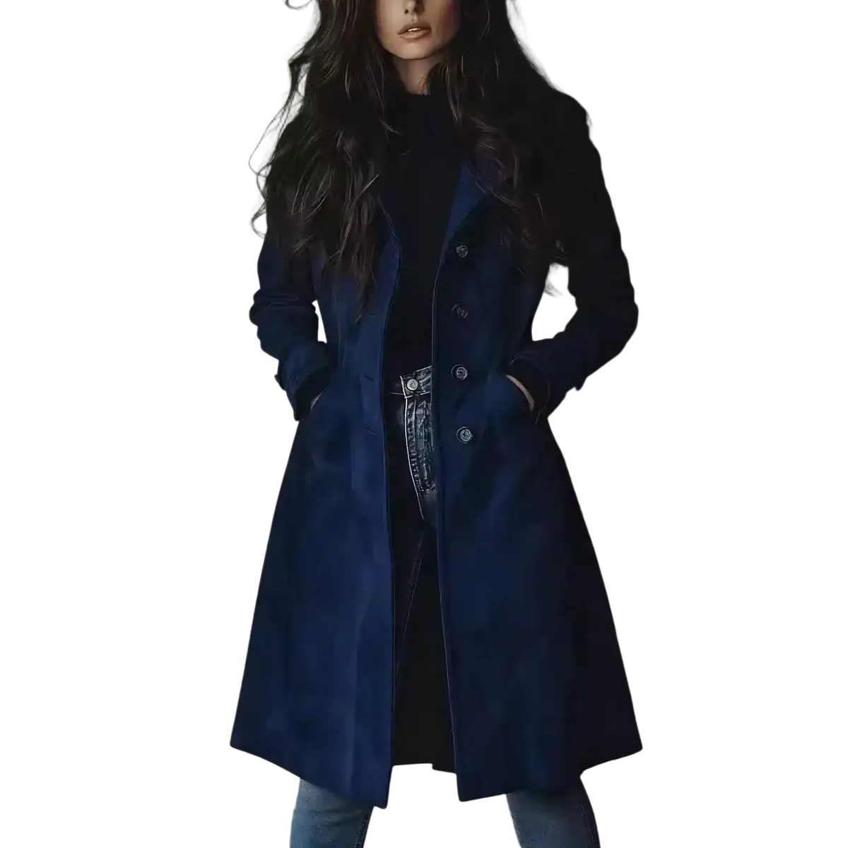 Women long trench coat casual outerwear featuring a deep navy blue suede double-breasted design with button closures