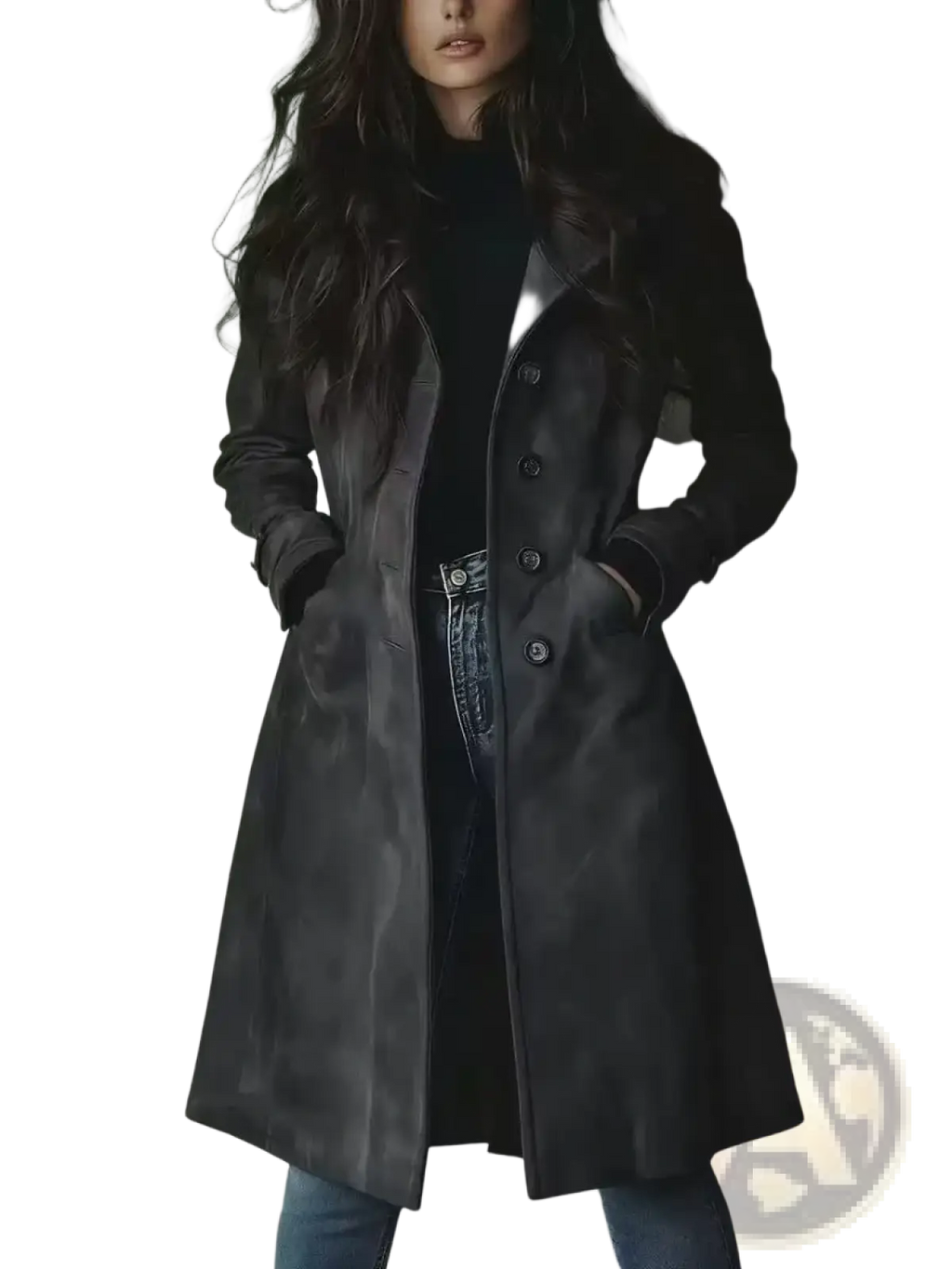 Women long trench coat dark gray suede with classic double-breasted design and black buttons for casual outerwear