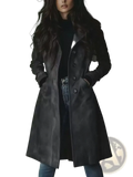 Women long trench coat dark gray suede with classic double-breasted design and black buttons for casual outerwear