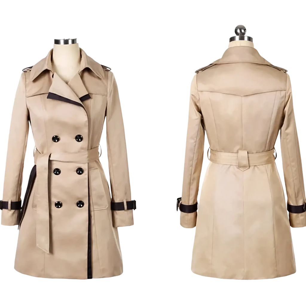 Women long trench coat double breasted windbreaker in beige with black trim and buttons for stylish outerwear use