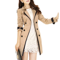 Women long beige trench coat with black trim and buttons double breasted windbreaker for stylish outerwear