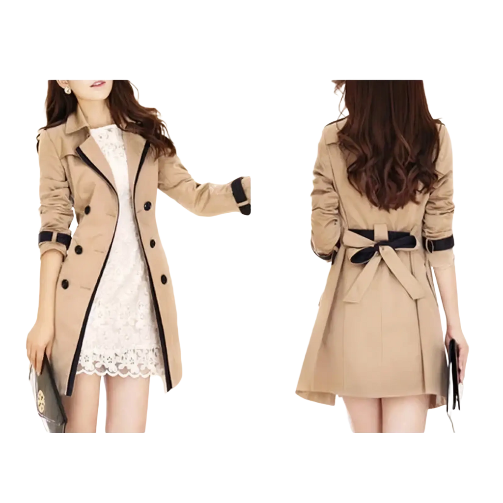 Beige women long trench coat double breasted windbreaker with black trim belt and rolled up sleeves