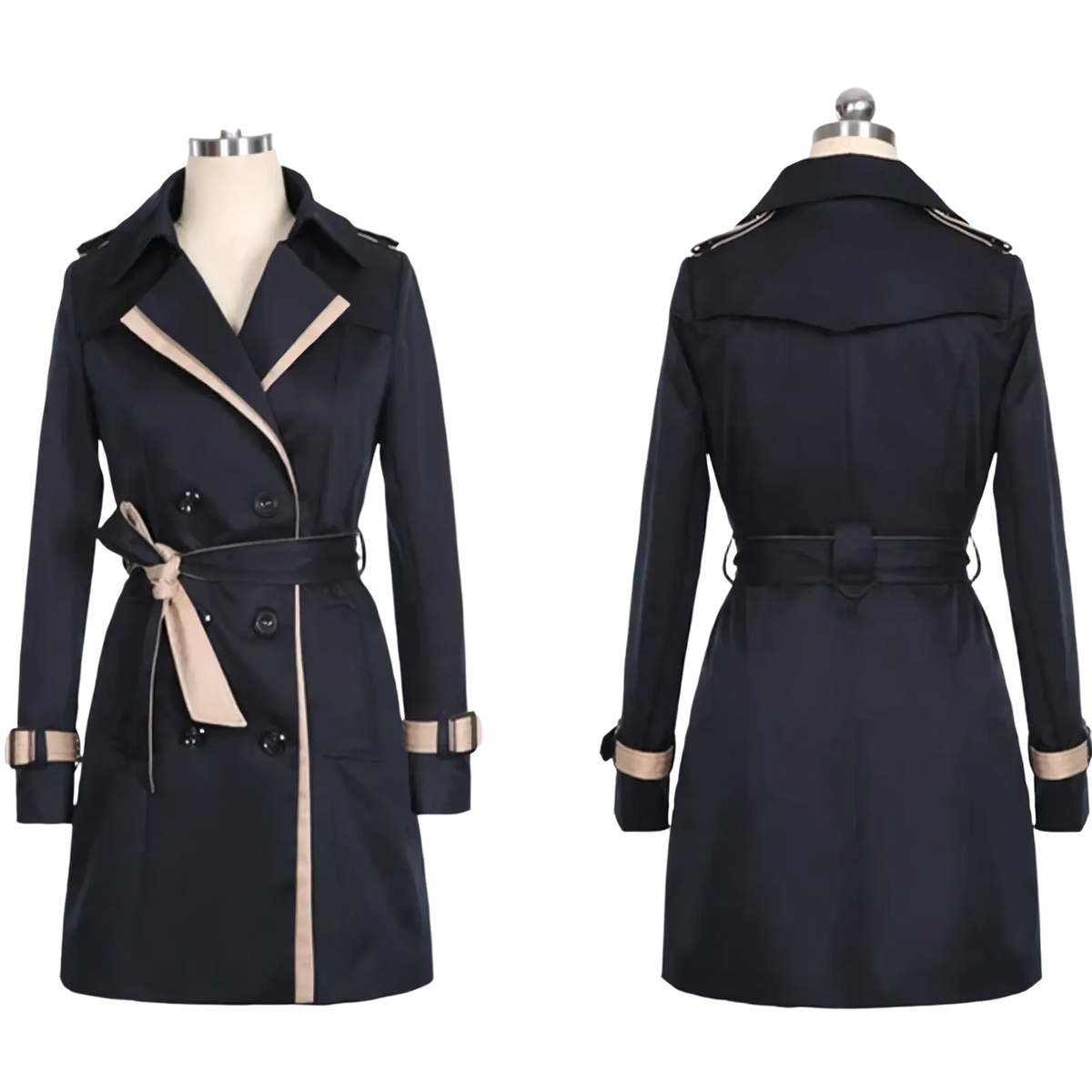 Women long trench coat double breasted windbreaker in navy blue with beige trim and belt, shown from the back side