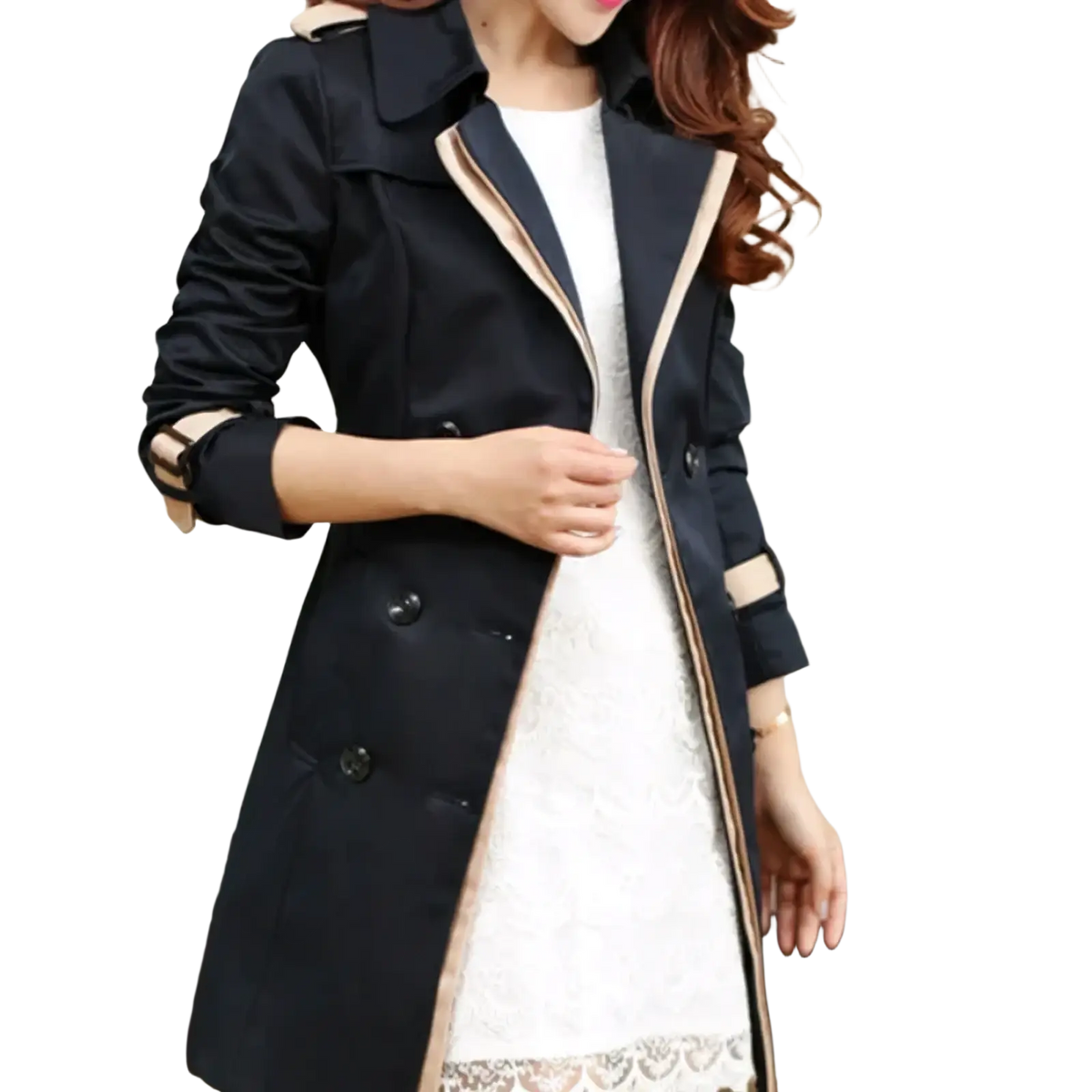 Women long trench coat double breasted windbreaker in navy blue with beige trim made of durable material
