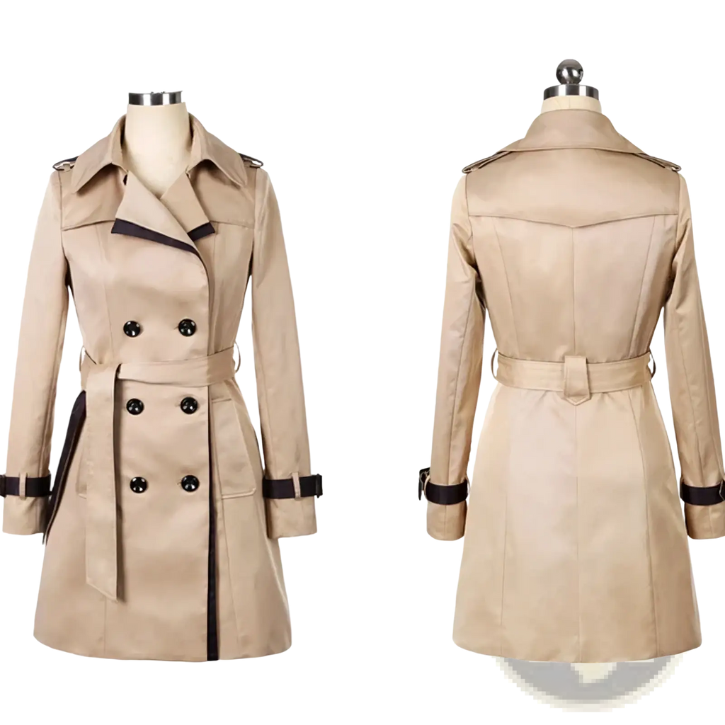 Women long beige trench coat plus size double breasted windbreaker with black trim and buttons suitable for windy weather
