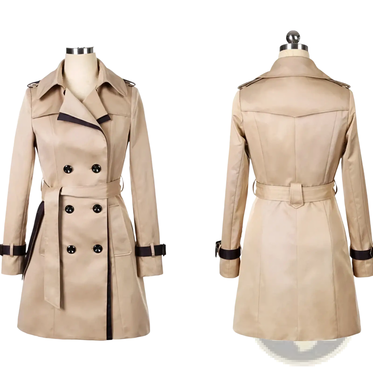 Women long beige trench coat plus size double breasted windbreaker with black trim and buttons suitable for windy weather
