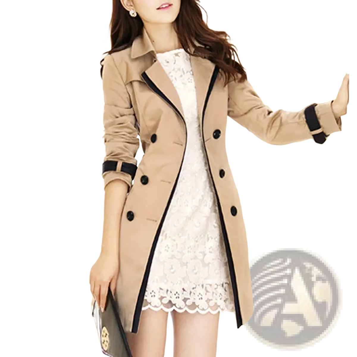 Women long beige trench coat plus size with black trim and buttons double breasted windbreaker design