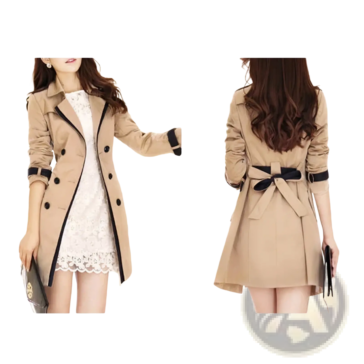 Beige women long trench coat with black trim and belt featuring double breasted plus size windbreaker design