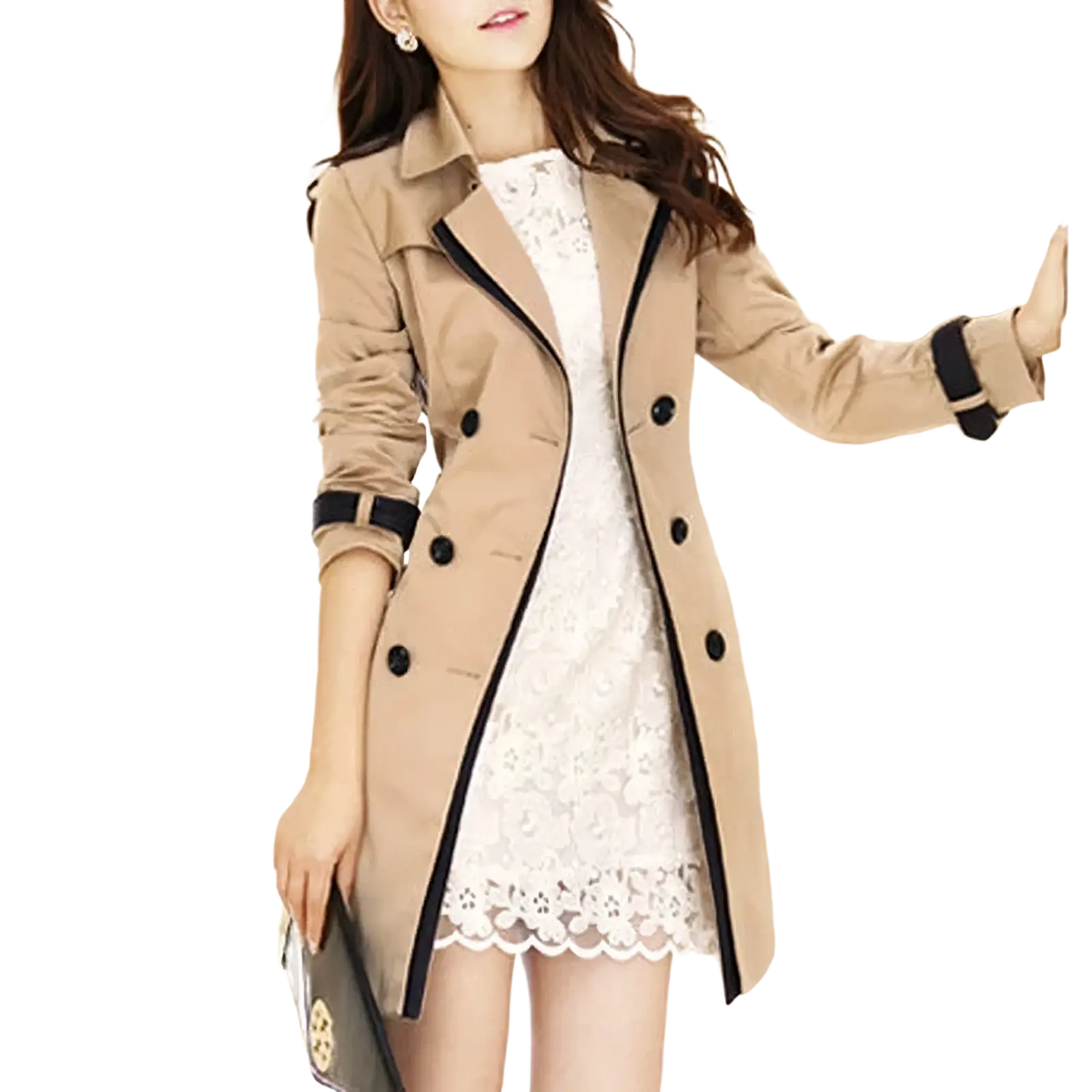 Women long beige trench coat plus size double breasted windbreaker with black trim and button details