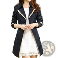 Women long navy blue trench coat with beige trim double breasted button plus size windbreaker for outerwear