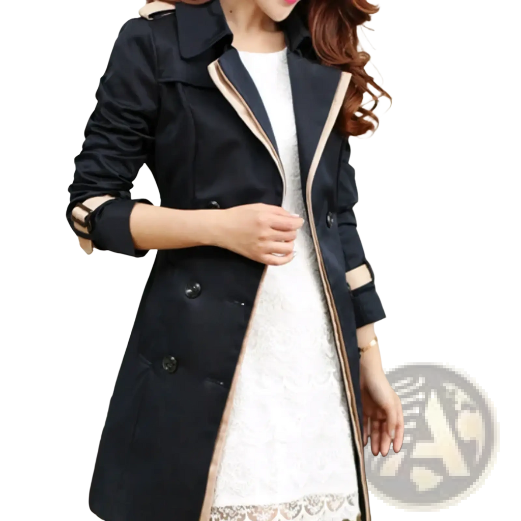 Women long navy blue trench coat with beige trim and buttoned cuffs double breasted plus size windbreaker