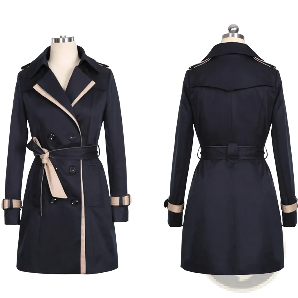 Women long navy blue trench coat with beige trim and belt plus size double breasted windbreaker front view