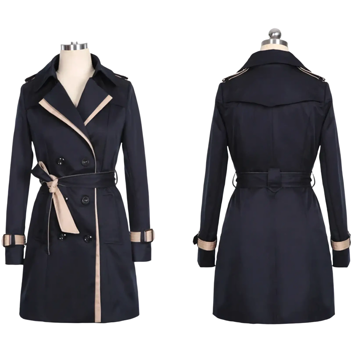 Women long navy blue trench coat with beige trim and belt plus size double breasted windbreaker front view