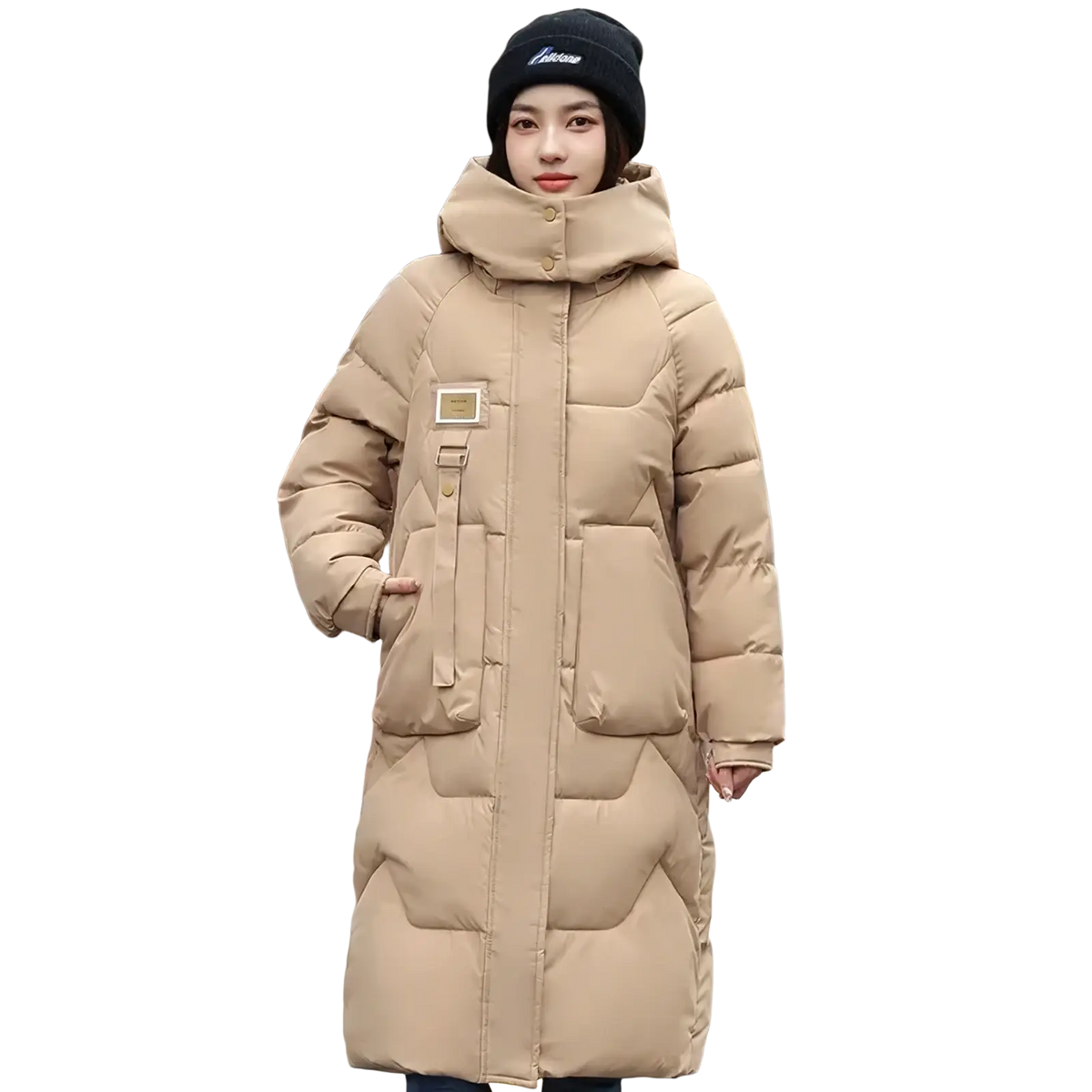 Beige women long winter puffer coat with high collar front zipper closure and multiple pockets for warmth and comfort