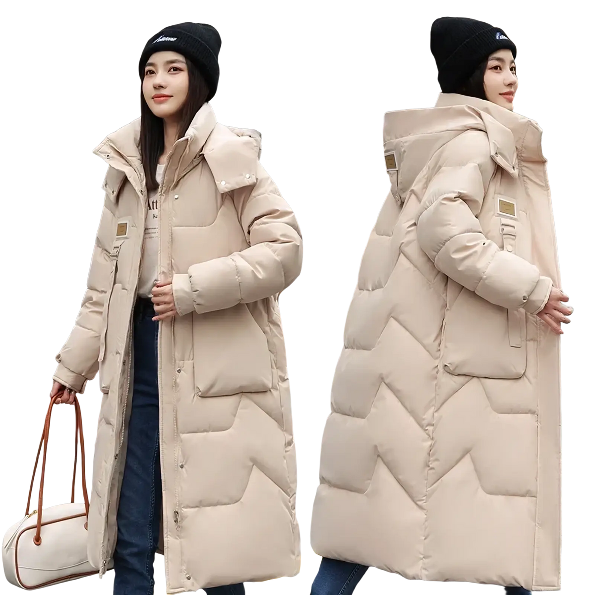 Beige quilted long winter puffer coat with hood and front pockets designed for warmth and outdoor use