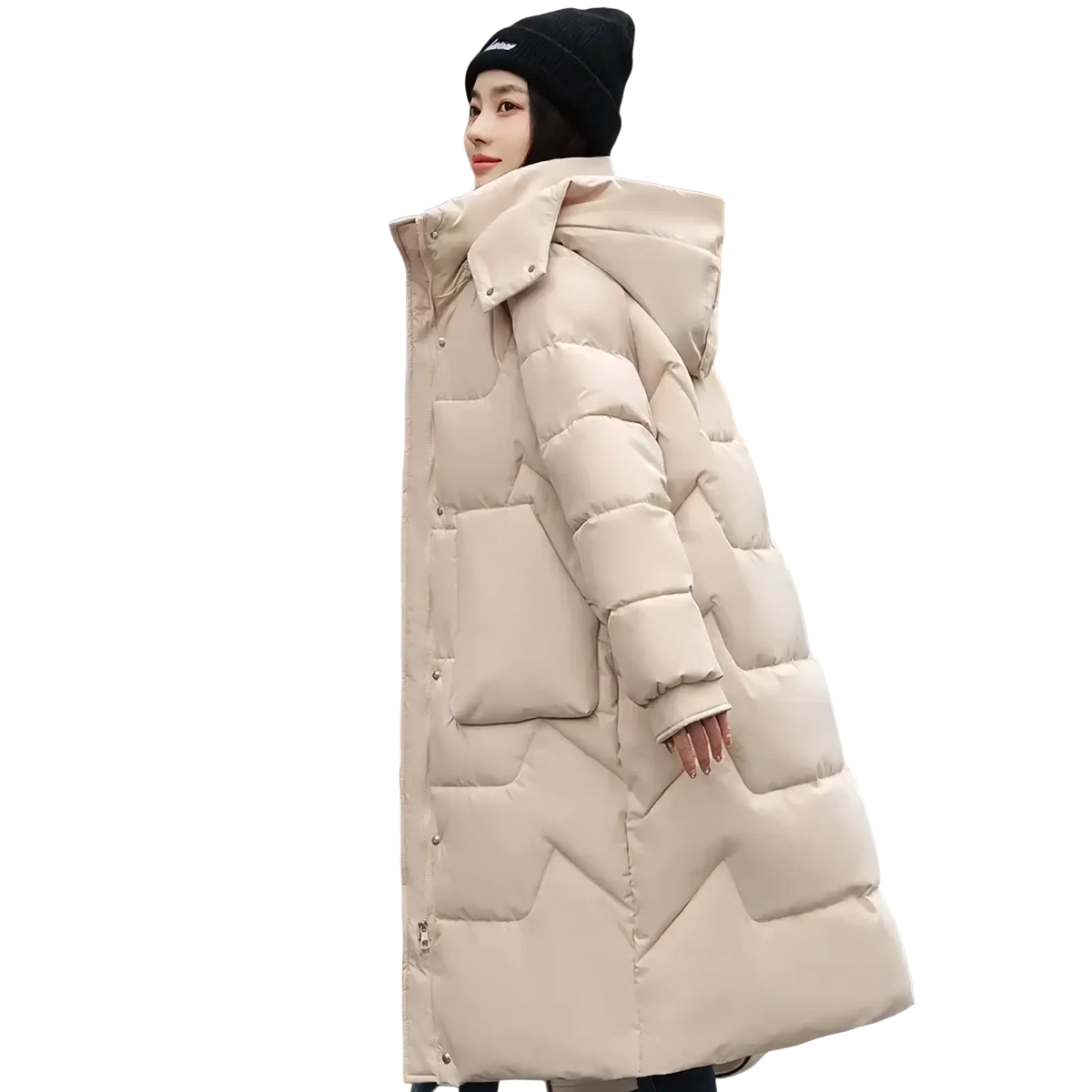 Beige quilted women long winter puffer coat with hood and front zipper closure for warmth and cold weather use