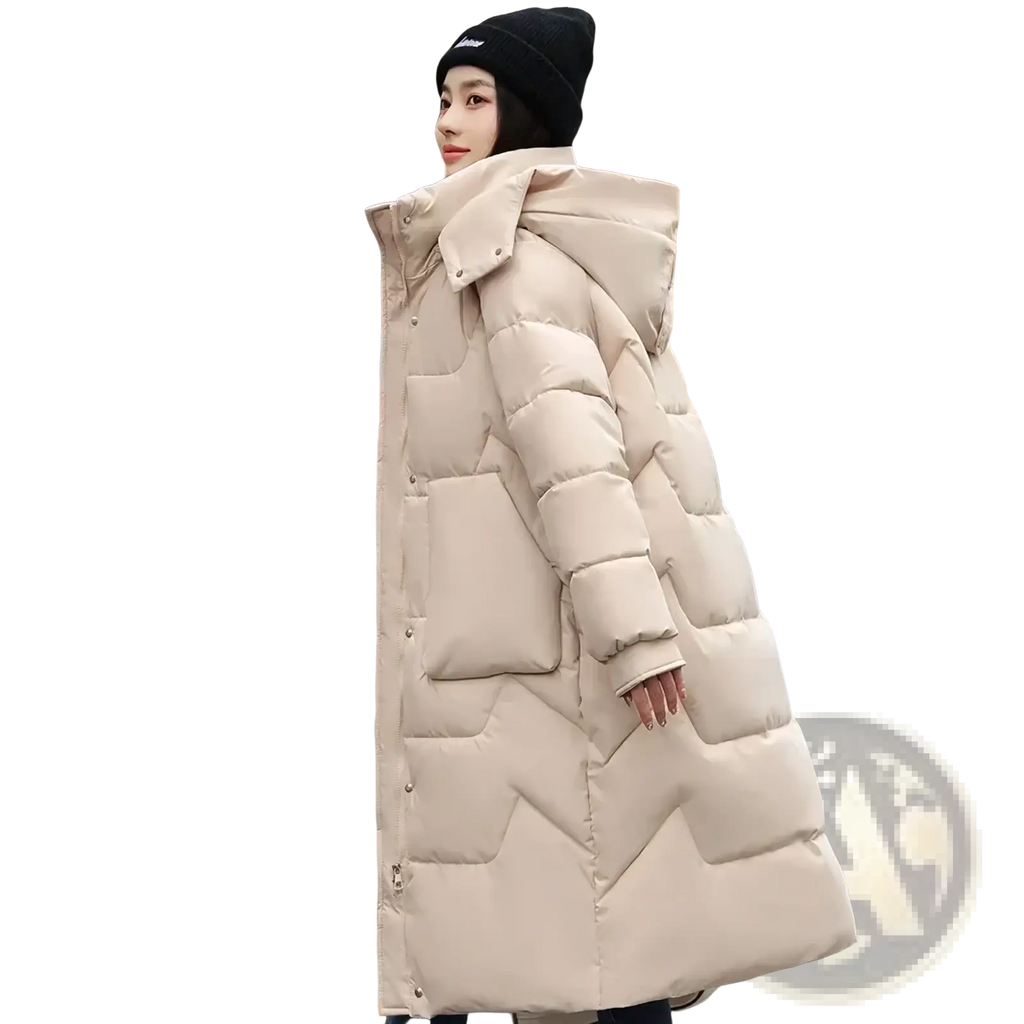 Beige quilted women long winter puffer coat with hood and front zipper closure for warmth and cold weather use